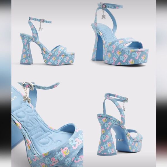 BRAND NEW ALDO BARBIE PARTY PRINTED  DENIM STRAPPY PLATFORM HEELED PLATF… G1 - Picture 2 of 16